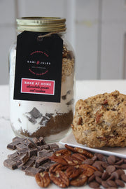 Jar of chocolate pecan oat cookie mix to take home and bake.
